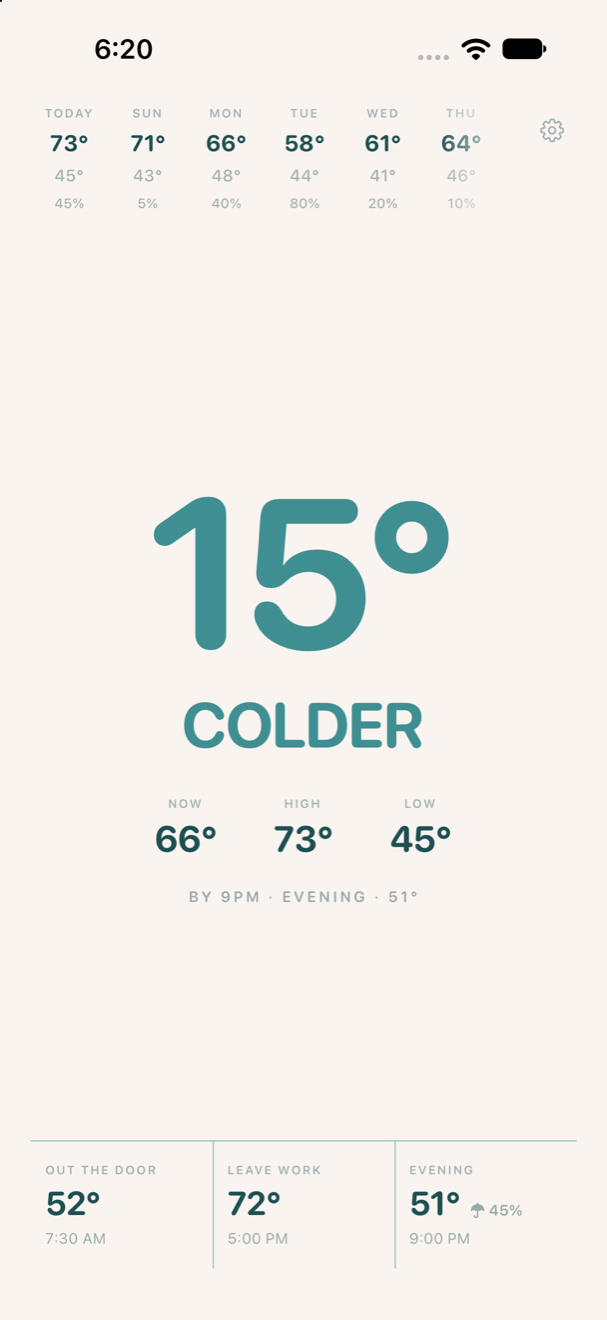 Marquee on an iPhone, showing 15 degrees colder by this evening