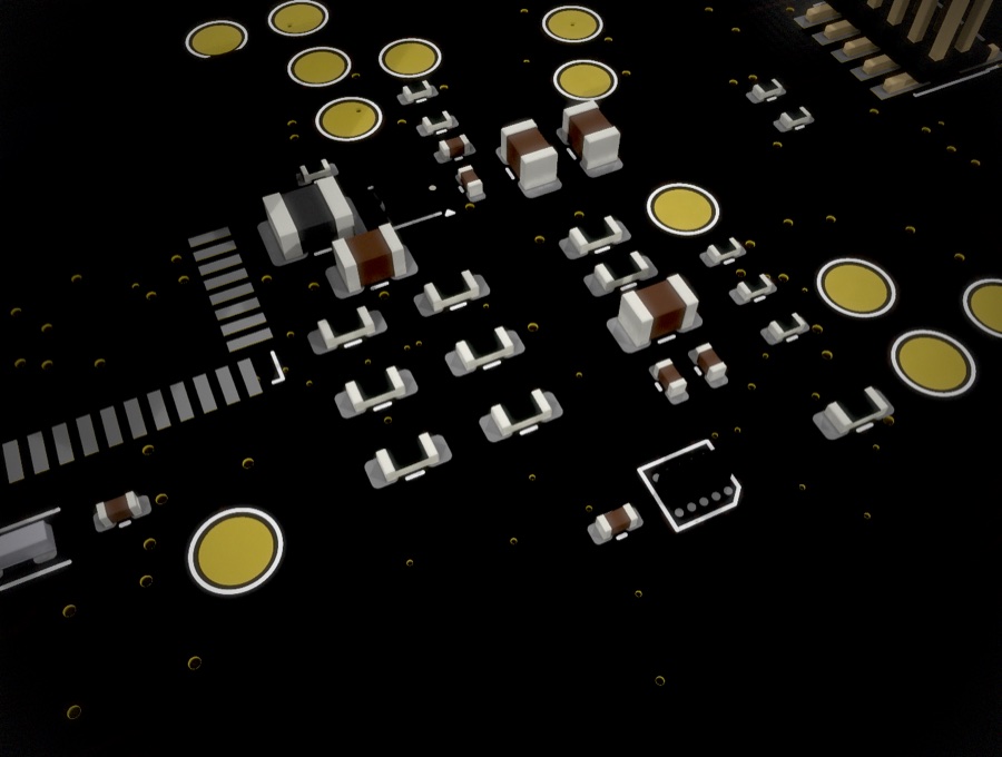 A rendering of a Patch circuit board, seen close up